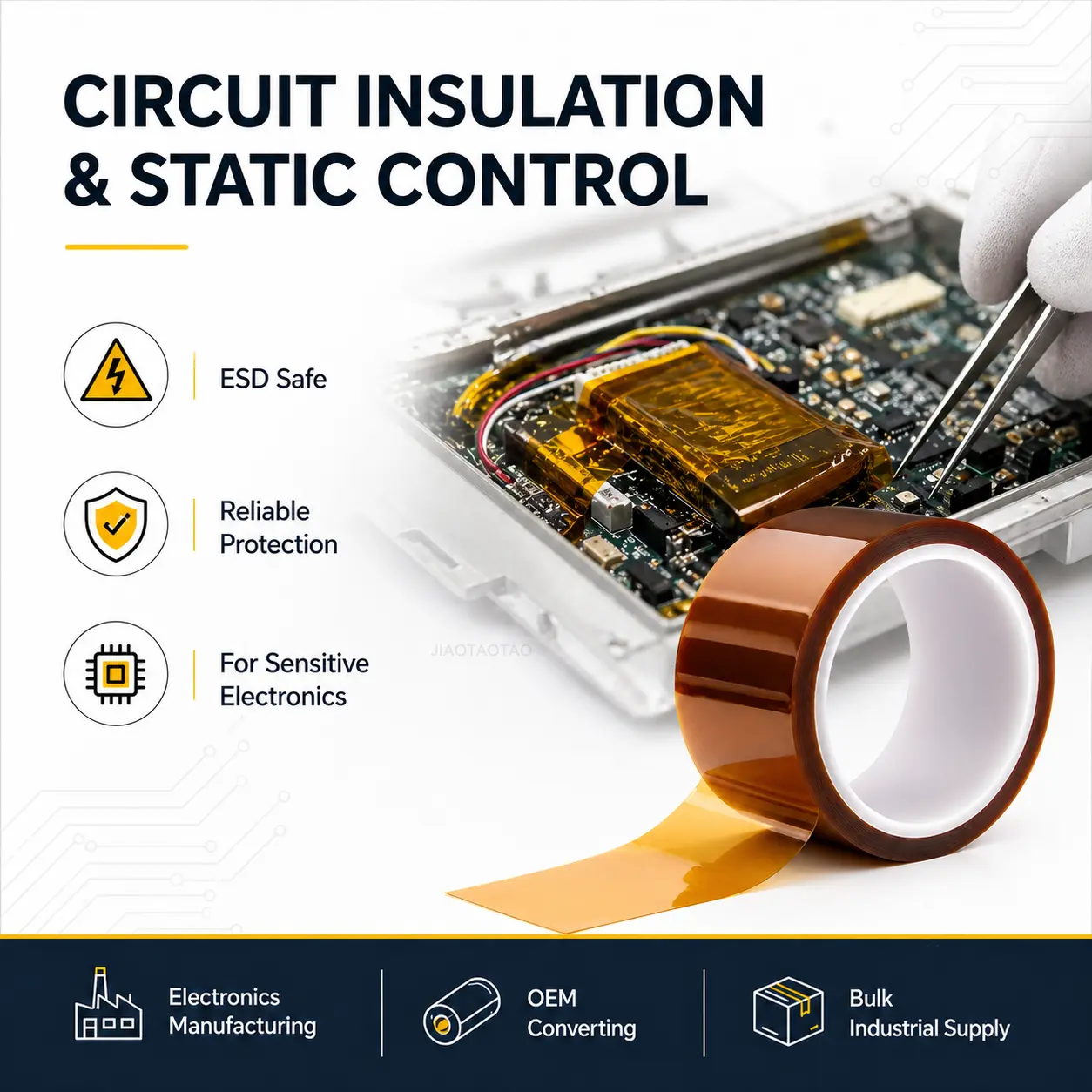 ESD polyimide tape for PCB masking, electronics insulation, and anti-static process protection.